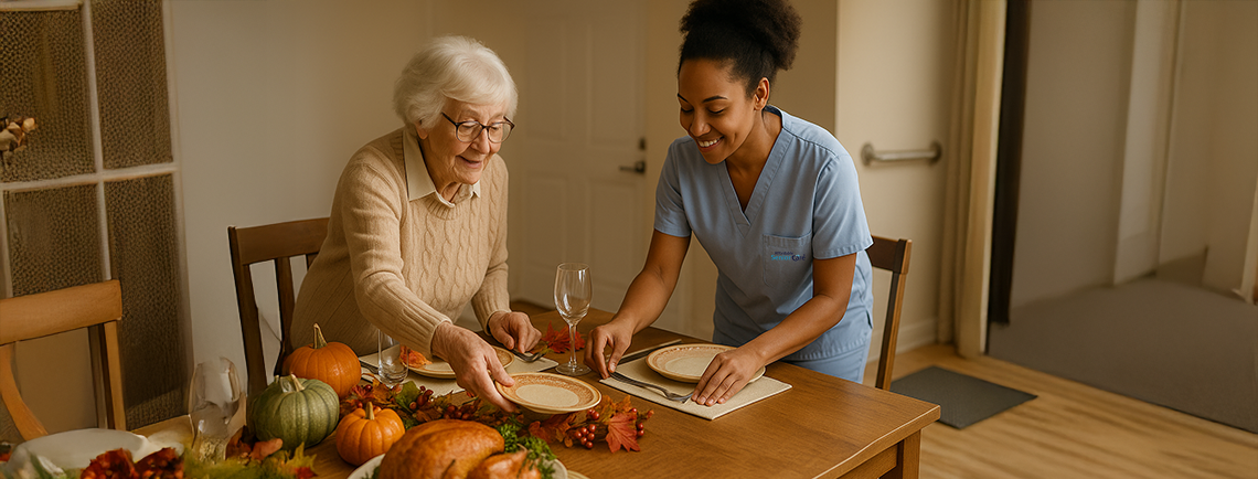 Caregiver helping senior set a Thanksgiving table, providing companionship and wellness checks at home in South Florida.