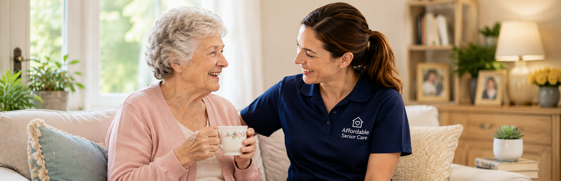 Compassionate caregiver spending quality time with an elderly senior woman at home in a bright living room setting.