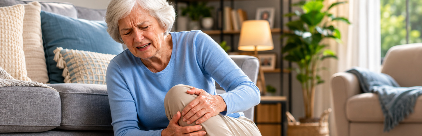 Elderly woman recovering after a slip and fall at home with a cane nearby in a bright living room setting.