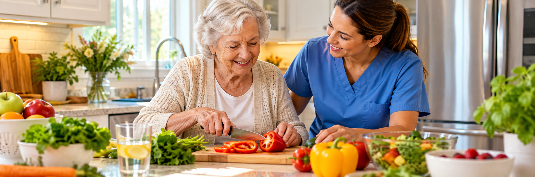 Caregiver helping an elderly senior woman prepare a healthy meal at home in a bright kitchen setting.